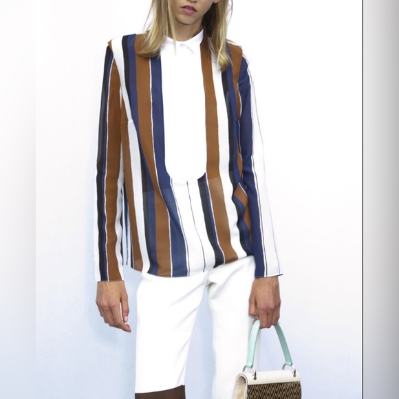 Giambattista Valli Multicolor Striped Contrast Bib Silk Blouse, Italy, Large - Picture 1 of 10
